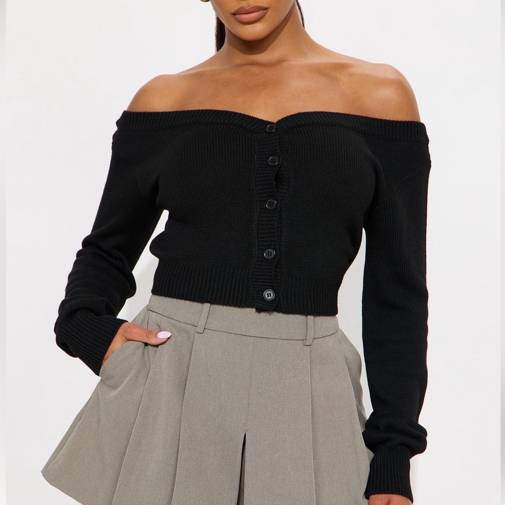Black off shoulder button front knit sweater cardigan